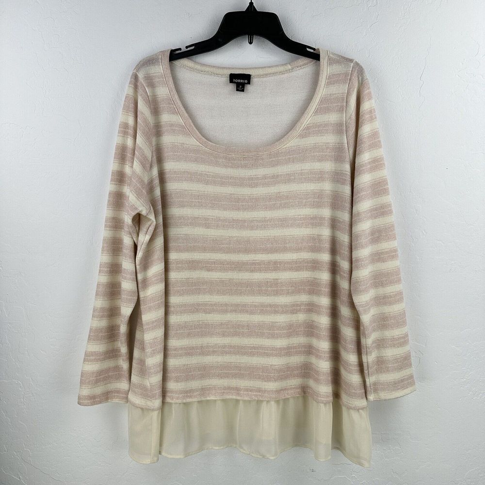 Torrid Sweater Pink Ivory Long Sleeve Stripe Large 2 Layered Look Hem Scoop Neck